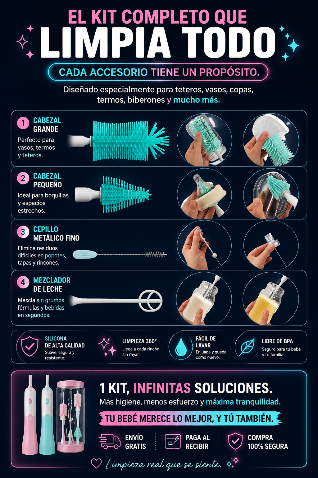 CleanSpin™ - Cepillo Eléctrico de Silicona para Teteros y Vasos 4 en 1